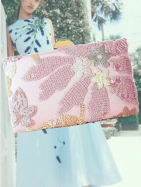 Clutch Embroidered Beaded Pink Satin Gold Hardwear Chain Shoulder Strap